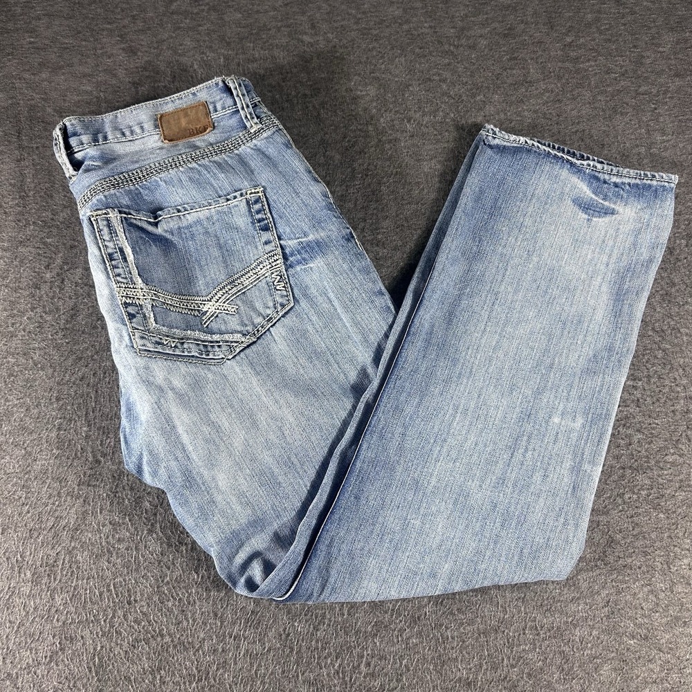 BKE Jeans Mens 34 R Derek Straight Leg Buckle Contrast Stitching Whiskering